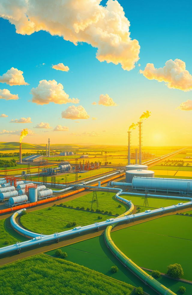 A detailed illustration of a fuel gas landscape, featuring various natural gas pipelines seamlessly intertwined with vibrant industrial scenery