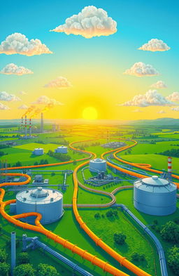 A detailed illustration of a fuel gas landscape, featuring various natural gas pipelines seamlessly intertwined with vibrant industrial scenery
