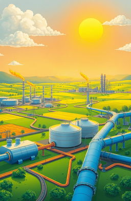 A detailed illustration of a fuel gas landscape, featuring various natural gas pipelines seamlessly intertwined with vibrant industrial scenery
