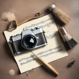 A paintbrush, a musical note, and a vintage camera artistically arranged.