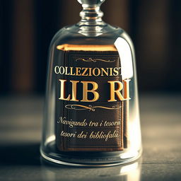 A beautifully crafted glass bell jar encasing a vintage book, richly detailed with textured leather and gold foil lettering