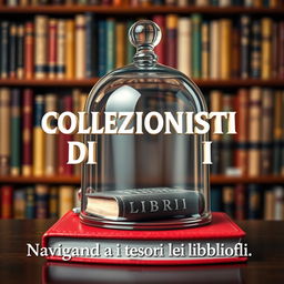A captivating image featuring a glass bell jar covering an elegant book that has the title 'COLLEZIONISTI DI LIBRI' embossed on the cover