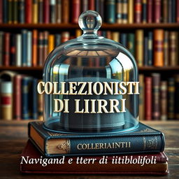 A captivating image featuring a glass bell jar covering an elegant book that has the title 'COLLEZIONISTI DI LIBRI' embossed on the cover