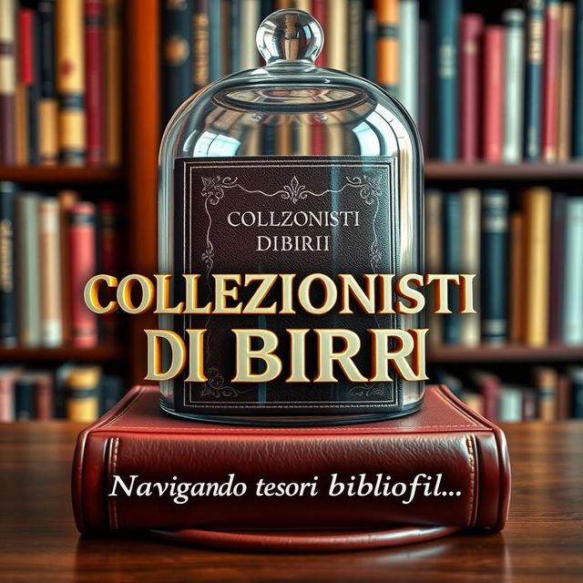 A captivating image featuring a glass bell jar covering an elegant book that has the title 'COLLEZIONISTI DI LIBRI' embossed on the cover