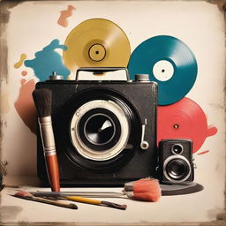 A paintbrush, a vinyl record and a vintage camera in a cool, artistic arrangement.