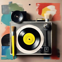 A paintbrush, a vinyl record and a vintage camera in a cool, artistic arrangement.