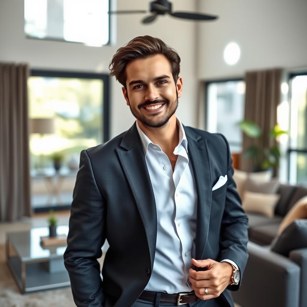 A stylish and confident man posing in a modern living room, wearing a tailored suit that highlights his professionalism