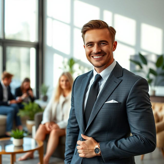 A stylish and confident man posing in a modern living room, wearing a tailored suit that highlights his professionalism