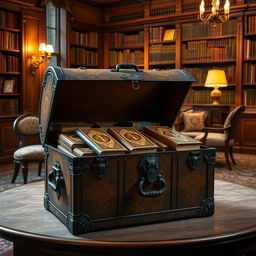 A beautifully designed trunk overflowing with precious, antique books, each with ornate covers and intricate spines, placed in an elegant library setting