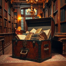 A beautifully designed trunk overflowing with precious, antique books, each with ornate covers and intricate spines, placed in an elegant library setting