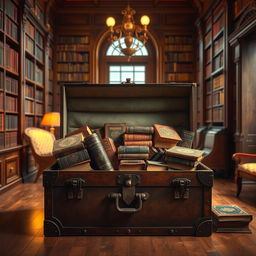 A beautifully designed trunk overflowing with precious, antique books, each with ornate covers and intricate spines, placed in an elegant library setting