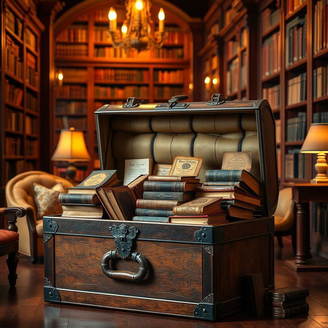 A beautifully designed trunk overflowing with precious, antique books, each with ornate covers and intricate spines, placed in an elegant library setting