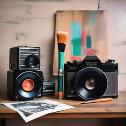 A paintbrush, a vinyl record and a vintage camera in a cool, artistic arrangement.