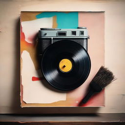 A paintbrush, a vinyl record and a vintage camera in a cool, artistic arrangement.