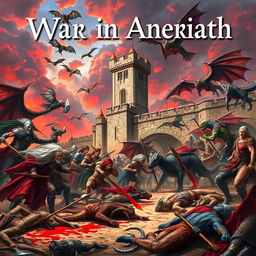 A large medieval fantasy battle scene featuring a dramatic background with a towering castle