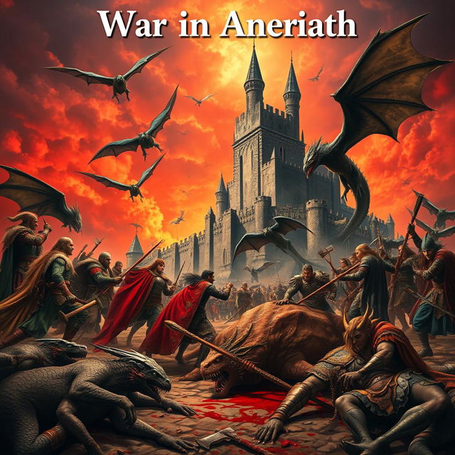 A large medieval fantasy battle scene featuring a dramatic background with a towering castle