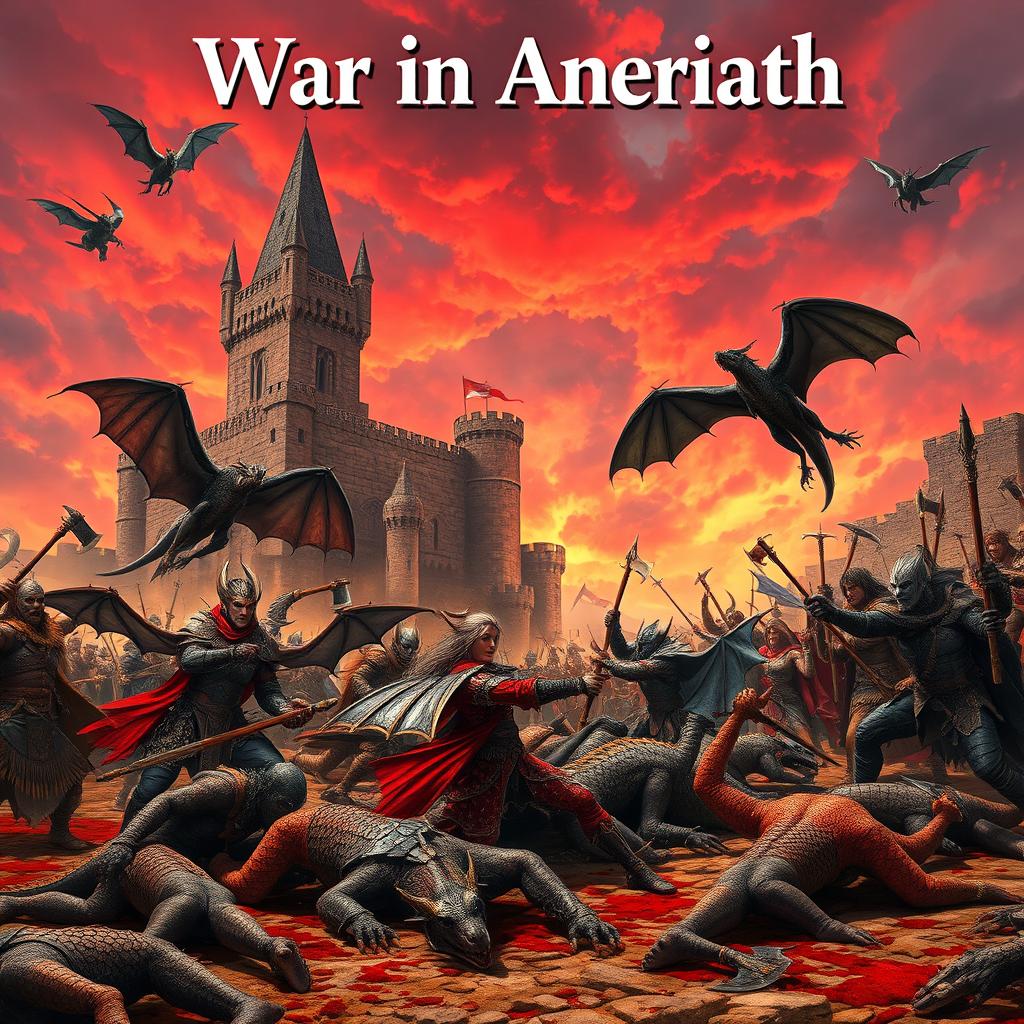 A large medieval fantasy battle scene featuring a dramatic background with a towering castle