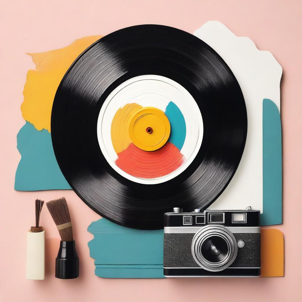 A paintbrush, a spinning vinyl record, and a retro camera forming an aesthetically pleasing tableau.