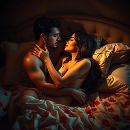 A passionate and dramatic scene set in a lavish bedroom, bathed in warm, dim light that creates an intimate atmosphere