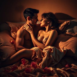 A passionate and dramatic scene set in a lavish bedroom, bathed in warm, dim light that creates an intimate atmosphere