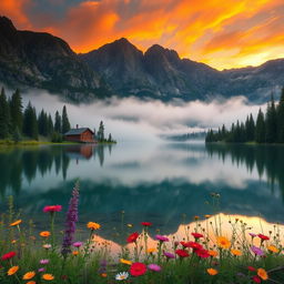 A serene mountain landscape at sunrise, featuring a still lake reflecting the vibrant colors of the sky