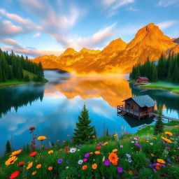 A serene mountain landscape at sunrise, featuring a still lake reflecting the vibrant colors of the sky