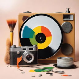 A paintbrush, a spinning vinyl record, and a retro camera forming an aesthetically pleasing tableau.