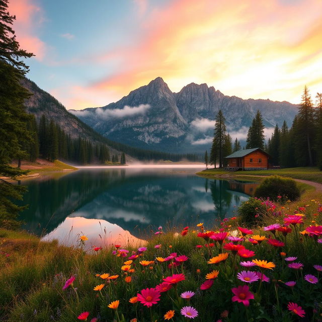 A serene mountain landscape at sunrise, featuring a still lake reflecting the vibrant colors of the sky