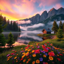 A serene mountain landscape at sunrise, featuring a still lake reflecting the vibrant colors of the sky