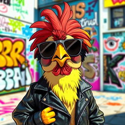 A cool, stylized chicken with sunglasses, wearing a leather jacket, posing confidently