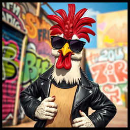 A cool, stylized chicken with sunglasses, wearing a leather jacket, posing confidently