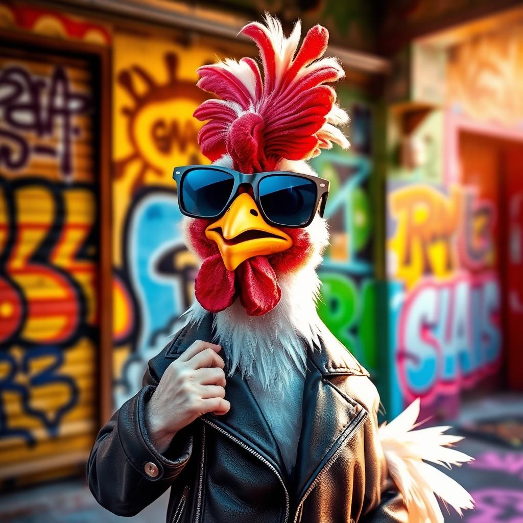 A cool, stylized chicken with sunglasses, wearing a leather jacket, posing confidently