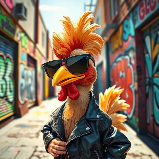 A cool, stylized chicken with sunglasses, wearing a leather jacket, posing confidently