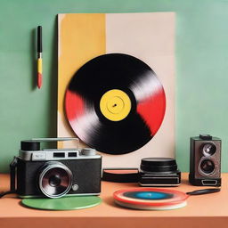 A paintbrush, a spinning vinyl record, and a retro camera forming an aesthetically pleasing tableau.