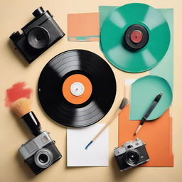 A paintbrush, a spinning vinyl record, and a retro camera forming an aesthetically pleasing tableau.