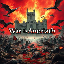A large medieval fantasy battle scene unfolds in the background featuring an imposing castle