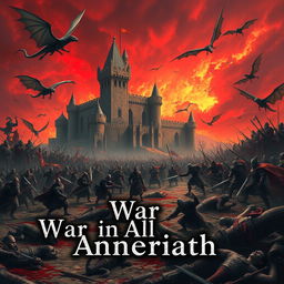 A large medieval fantasy battle scene unfolds in the background featuring an imposing castle