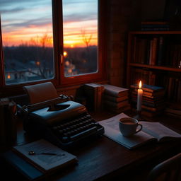 A warm and inviting scene of a cozy study, filled with books and a gentle ambiance of twilight