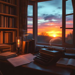 A warm and inviting scene of a cozy study, filled with books and a gentle ambiance of twilight
