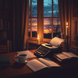 A warm and inviting scene of a cozy study, filled with books and a gentle ambiance of twilight