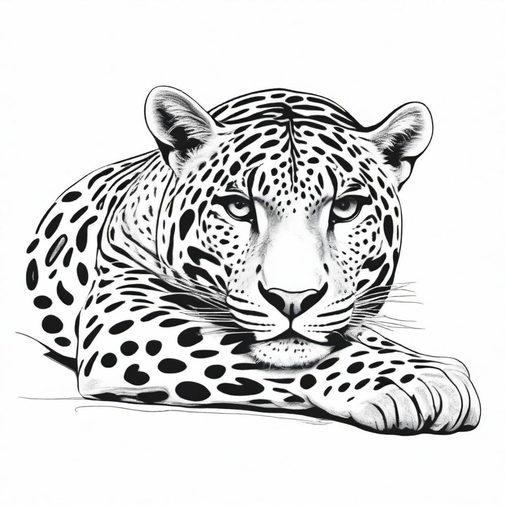 A complete drawing of a resting jaguar, defined by clear contours and set against a white background.