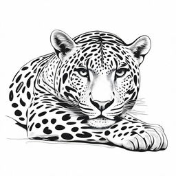 A complete drawing of a resting jaguar, defined by clear contours and set against a white background.