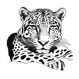 A complete drawing of a resting jaguar, defined by clear contours and set against a white background.