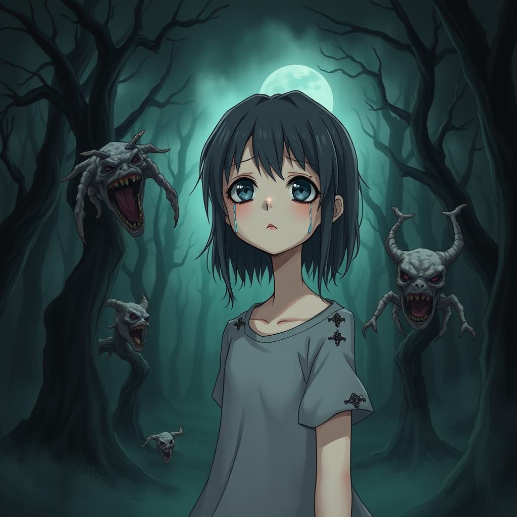 An atmospheric anime-style illustration depicting a girl with expressive features, tears streaming down her face as she stands in front of a spooky, dark forest