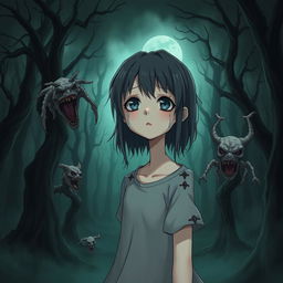 An atmospheric anime-style illustration depicting a girl with expressive features, tears streaming down her face as she stands in front of a spooky, dark forest