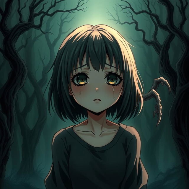 An atmospheric anime-style illustration depicting a girl with expressive features, tears streaming down her face as she stands in front of a spooky, dark forest