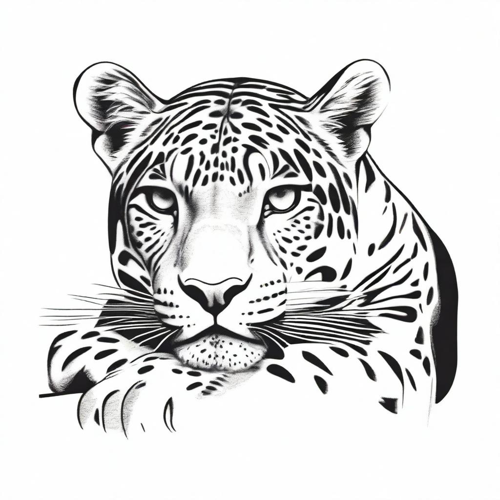 A complete drawing of a resting jaguar, defined by clear contours and set against a white background.