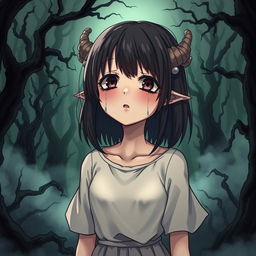 An atmospheric anime-style illustration depicting a girl with expressive features, tears streaming down her face as she stands in front of a spooky, dark forest