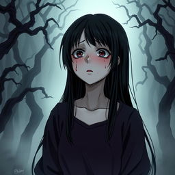 An atmospheric anime-style illustration depicting a girl with expressive features, tears streaming down her face as she stands in front of a spooky, dark forest