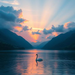 A majestic sunset over a tranquil lake, surrounded by lush green mountains, with vibrant colors reflecting off the water's surface, fluffy pastel-colored clouds in the sky, a lone swan gliding gracefully on the lake, creating gentle ripples in the water, an overall serene and peaceful atmosphere